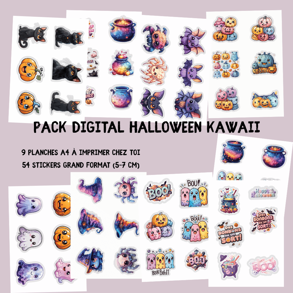 Stickers Halloween Kawaii 🎃👻 – Pack Digital (9 planches A4 à imprimer)