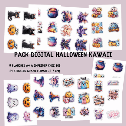 Stickers Halloween Kawaii 🎃👻 – Pack Digital (9 planches A4 à imprimer)