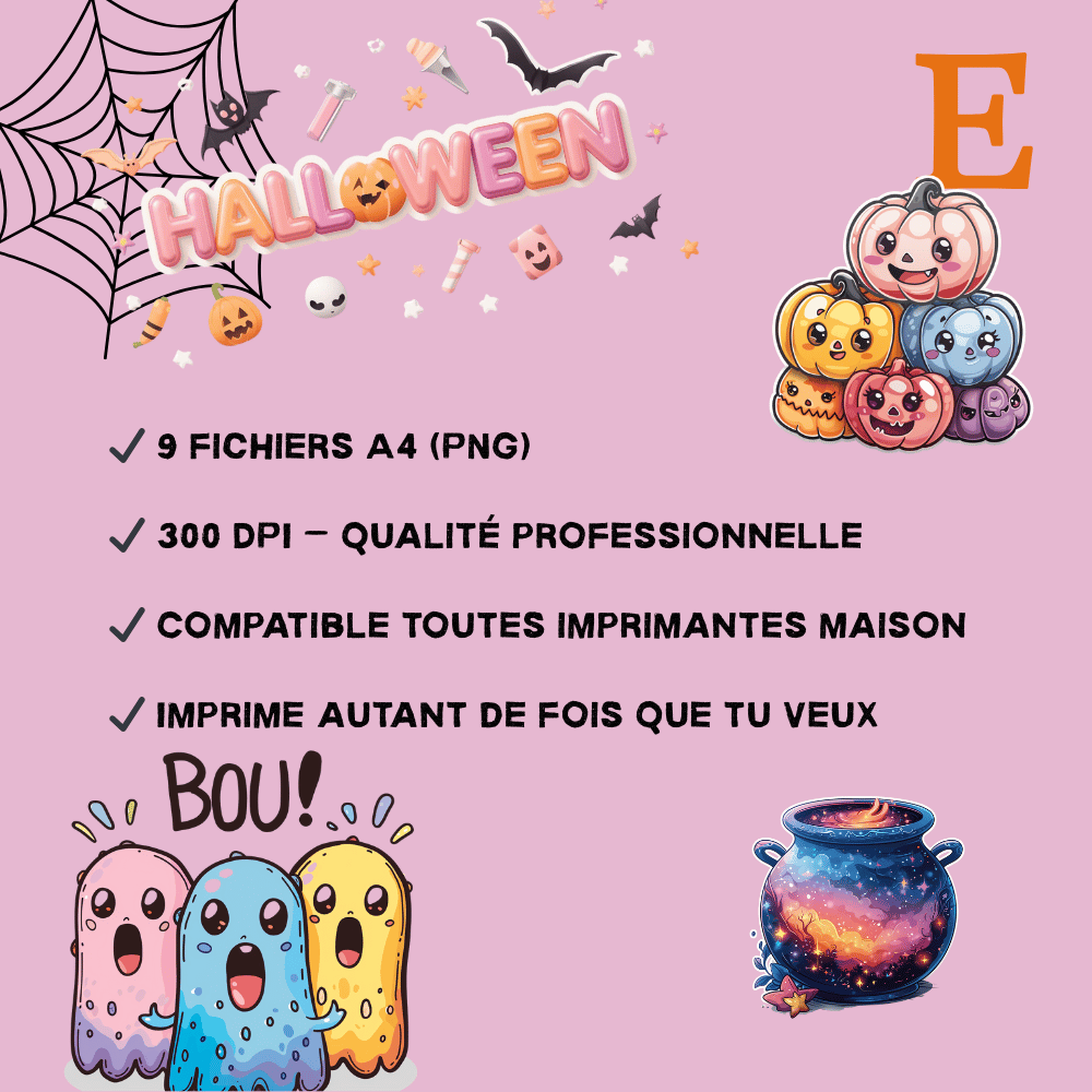 Stickers Halloween Kawaii 🎃👻 – Pack Digital (9 planches A4 à imprimer)