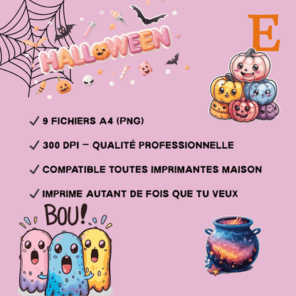Stickers Halloween Kawaii 🎃👻 – Pack Digital (9 planches A4 à imprimer)