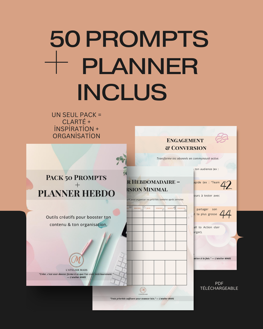 Pack 50 Prompts + Planner Hebdo (PDF imprimable &amp; digital)